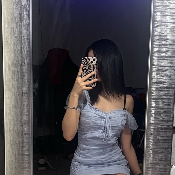 Light Blue Ruffled Mesh Mini Dress - Picture 3 of 3